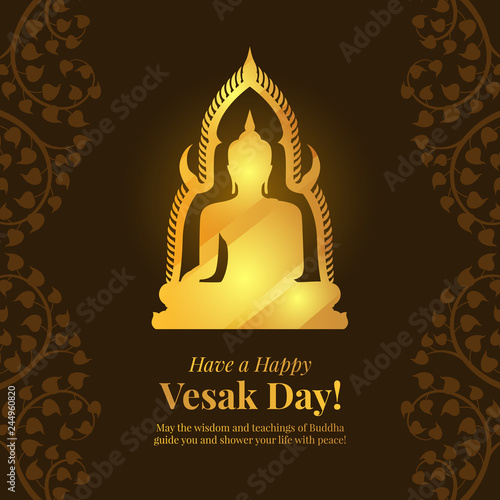Vesak day banner card with Gold Buddha sign on dark brown bodhi leaf background vector design