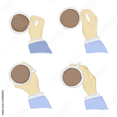 hand holding a coffee cup in various illustration styles. The perfect coffee cup for a collection of aromatic drinks, posters, banners, leaflets, labels