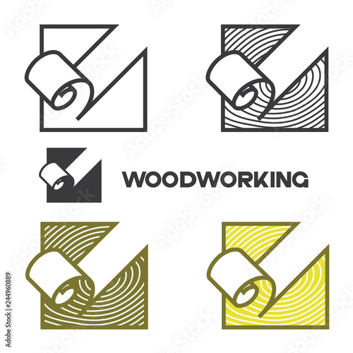 illustration consisting of a picture of a piece of wood and the inscription "woodworking" in the form of a symbol or logo