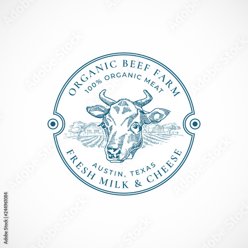 Beef and Milk Farm Badge or Logo Template. Hand Drawn Cow Face and Farm Landscape Sketch with Retro Typography and Borders. Vintage Sketch Emblem.