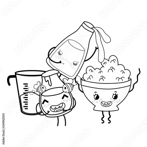 Kitchen and food kawaii cartoons in black and white