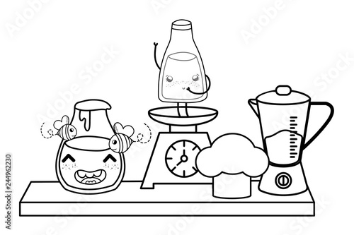 Kitchen and food kawaii cartoons in black and white