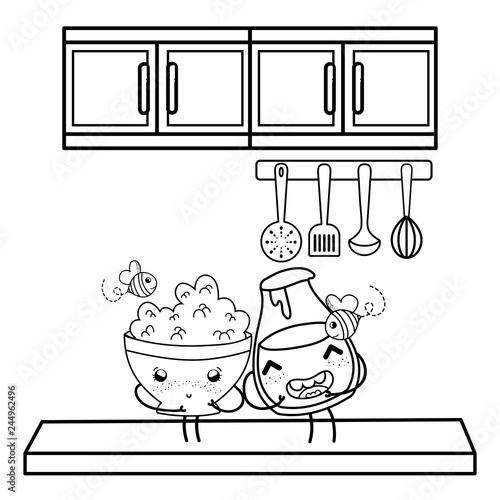 Kitchen and food kawaii cartoons in black and white
