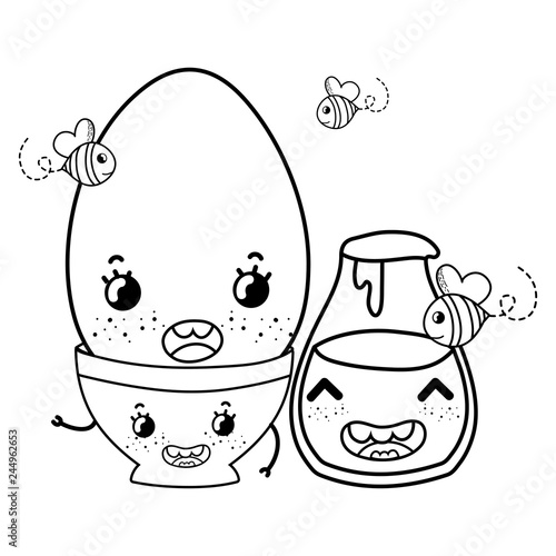 Kitchen and food kawaii cartoons in black and white