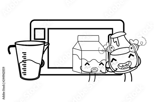 Kitchen and food kawaii cartoons in black and white