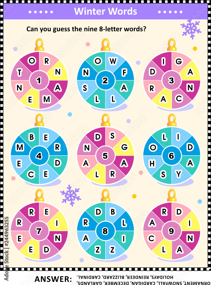 Year word puzzle (English language) with winter and holiday words written around the ornaments: Can you guess the nine 8-letter words? Answer included. Stock Vector | Adobe Stock