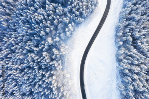 Aerial view on the road and forest at the winter time. Natural winter landscape from air. Forest under snow a the winter time. Landscape from drone © biletskiyevgeniy.com
