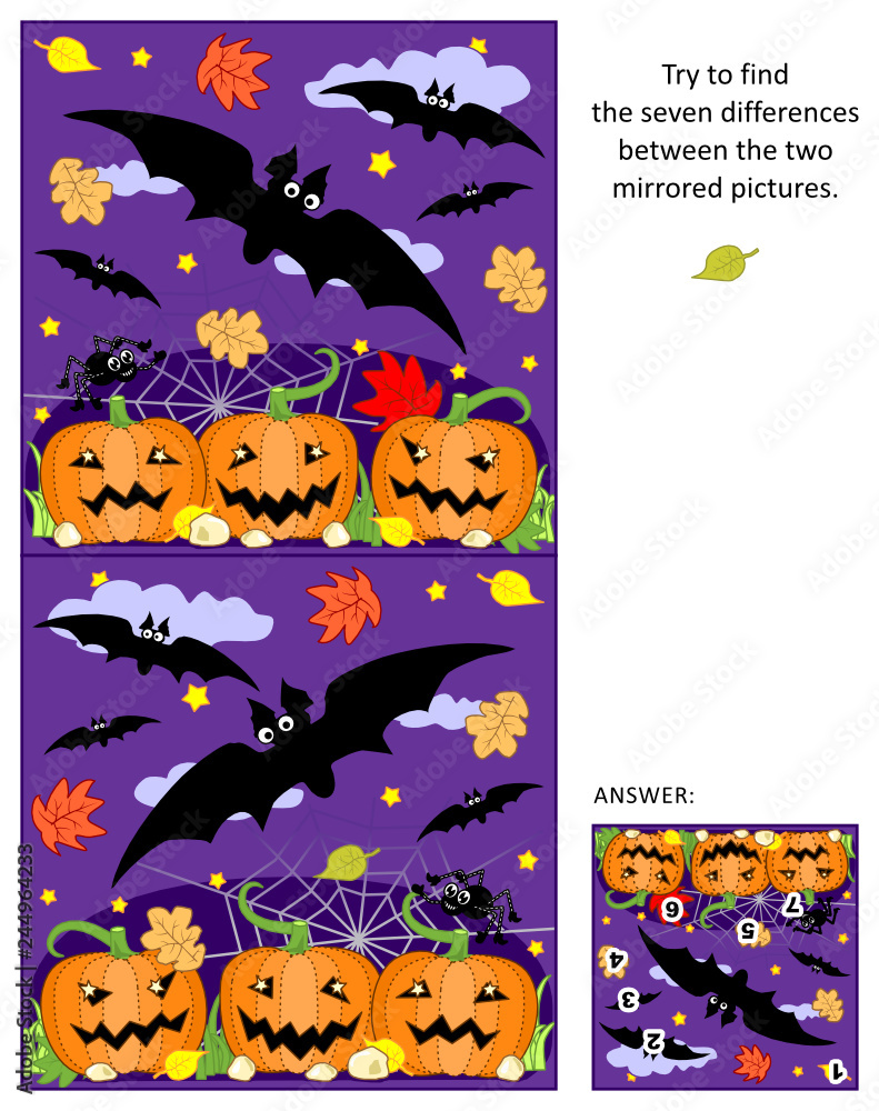Halloween themed visual puzzle: Find the seven differences between the two mirrored pictures of flying bats, pumpkin field, spider. Answer included.
