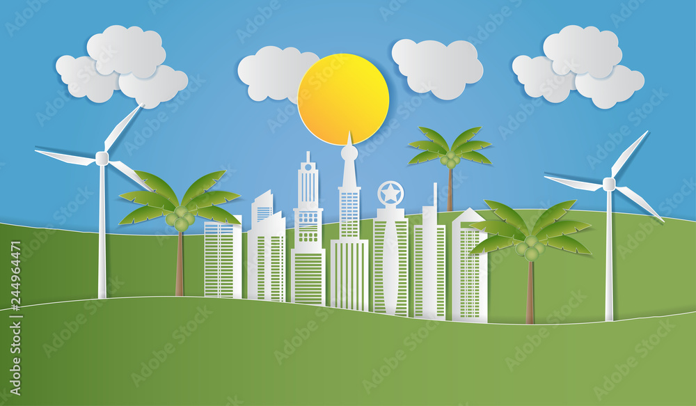 Paper art of landscape with Eco green city and nature. Vector illustration