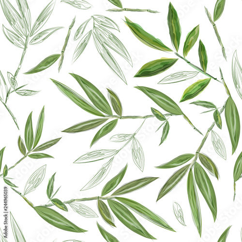 Bamboo seamless watercolor pattern. Green and white background. Floral pattern for textiles  paper  wallpaper.
