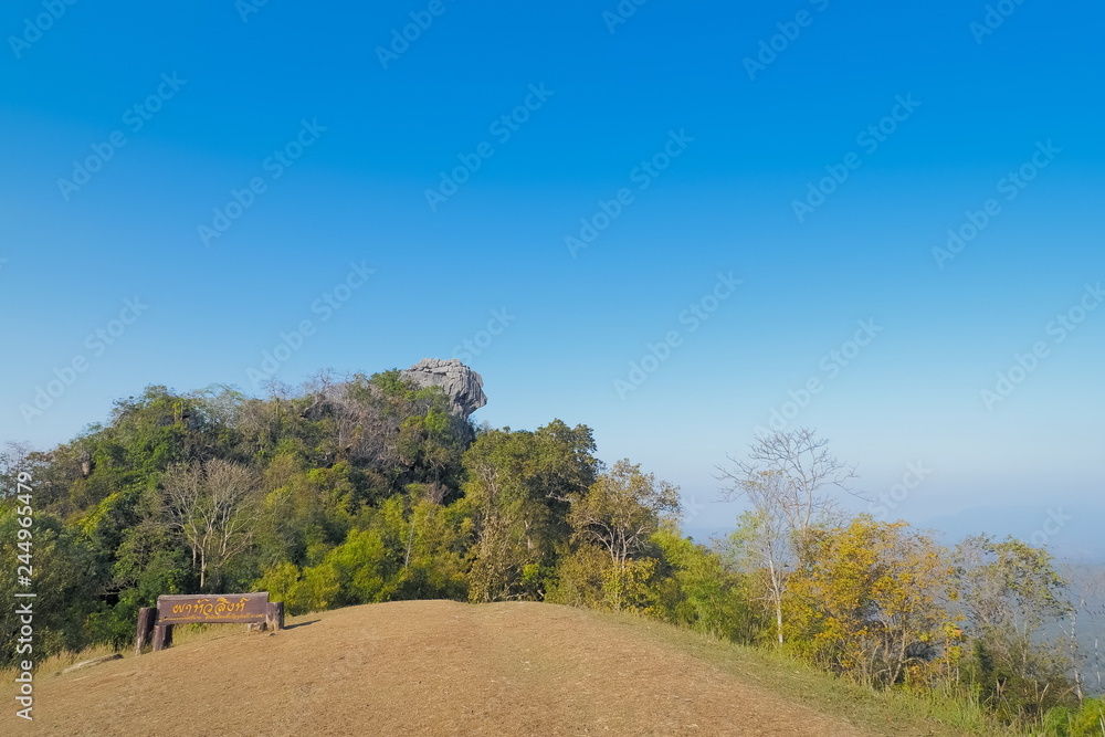 view of Hua Singh Cliff top of Doi Samur Dao around with green forest and blue sky background, Doi Samur Dao, Sri Nan National Pak, Nan, northern of Thailand.