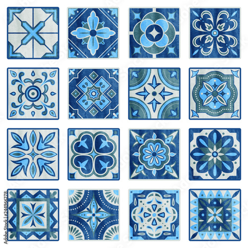 Patchwork tile in blue, gray and green colors. Vintage ceramic tiles vector illustration. Floor design texture set. Tiles traditional mosaic, texture decoration tile pattern