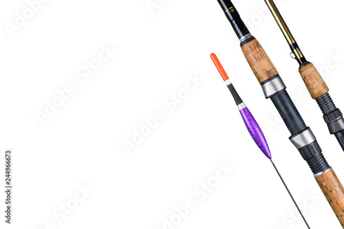 Fishing tackle. Fishing rod fishing float and spinning lures isolated on white background. Fishing concept