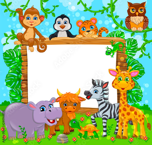 Cute animals near wooden board and blank white banner