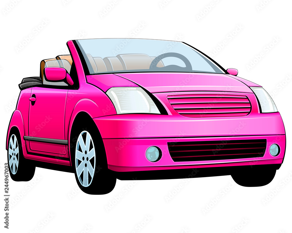 Small female pink car. Convertible, sports coupe, roadster. Vector.