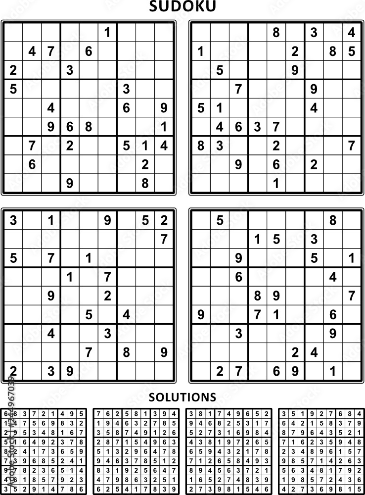 Four sudoku puzzles of comfortable (easy, yet not very easy) level, on A4  or Letter sized page with margins, suitable for large print books, answers  included. Set 8. Stock Vector | Adobe Stock