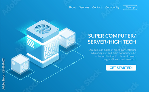 Mainframe, powered server, high technology concept, data center, cloud data storage isometric vector illustration. Modern illustration isometric style on blue background.