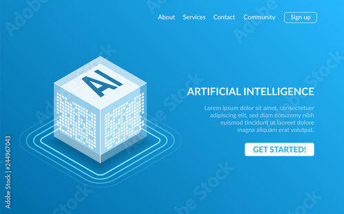 Artificial intelligence icon AI, isometric cloud computing concept, data mining, isometric, neural network, machine programming. Modern illustration isometric style on blue background.