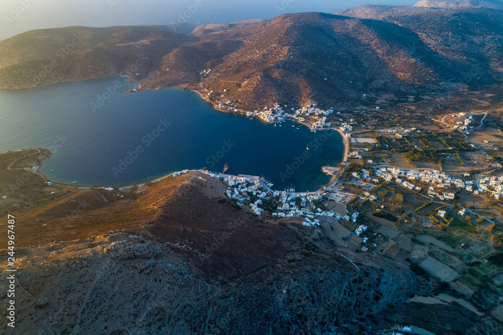 Fototapeta premium Aerial view of Katapola vilage, Amorgos island, Cyclades, Aegean, Greece