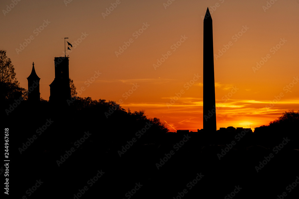 Silhouette of the Washington Monument at sunset in DC