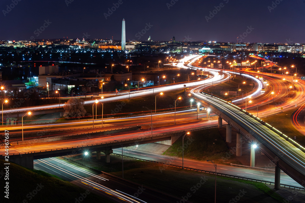 Washington DC at night from an aerial vantage point with traffic