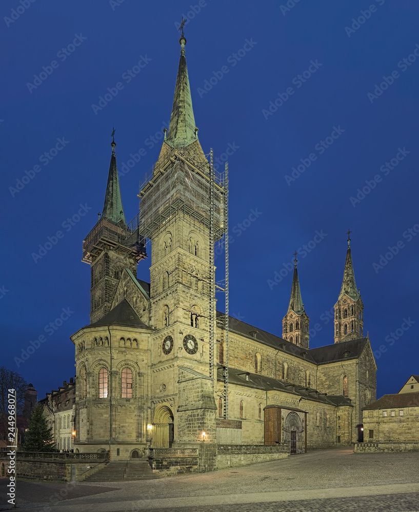 Bamberg cathedral in dusk, Germany. The Cathedral Church of St Peter and St George was built in the 13th century.