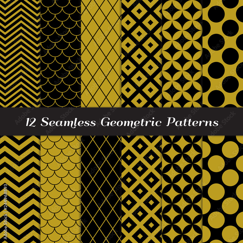 Gold, Black and White Geometric Seamless Vector Patterns. Pack of Mod Style Backgrounds in Jumbo Polka Dot, Diamond Lattice, Scales, Quatrefoil and Chevron Patterns. Pattern Tile Swatches Included. Gold, Black and White Geometric Seamless Vector Patterns. Pack of Mod Style Backgrounds in Jumbo Polka Dot, Diamond Lattice, Scales, Quatrefoil and Chevron Patterns. Pattern Tile Swatches Included.