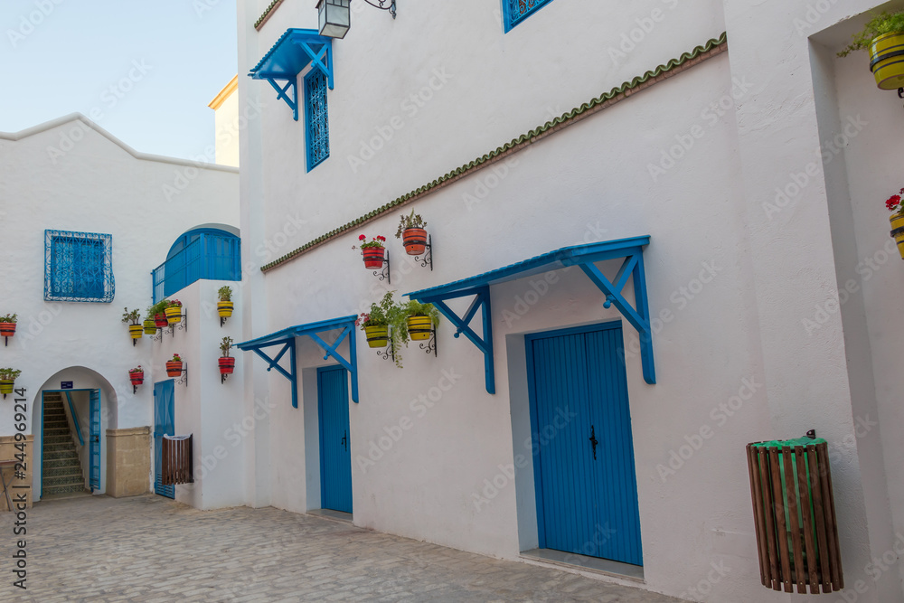 Fototapeta premium Yasmine Hammamet, TUNISIA - JULY 26 2018: White house with blue windows and doors and flowers, Yasmine Hammamet, Tunisia