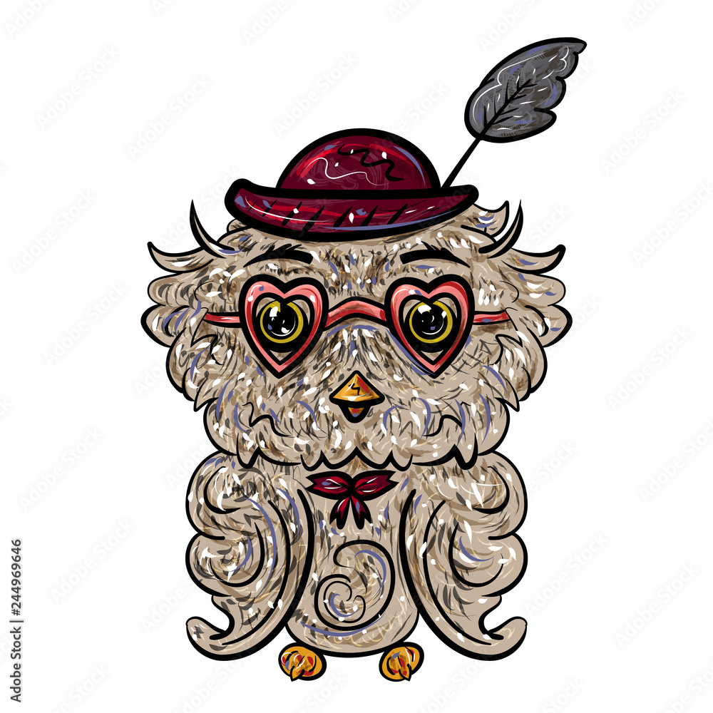 Owl in a hat with a feather and glasses with hearts. Isolated on white. Valentine's Day. Feast of Love. Vector illustration. - Vector Owl in a hat with a feather and glasses with hearts. Isolated on white. Valentine's Day. Feast of Love. Vector illustration. - Vector