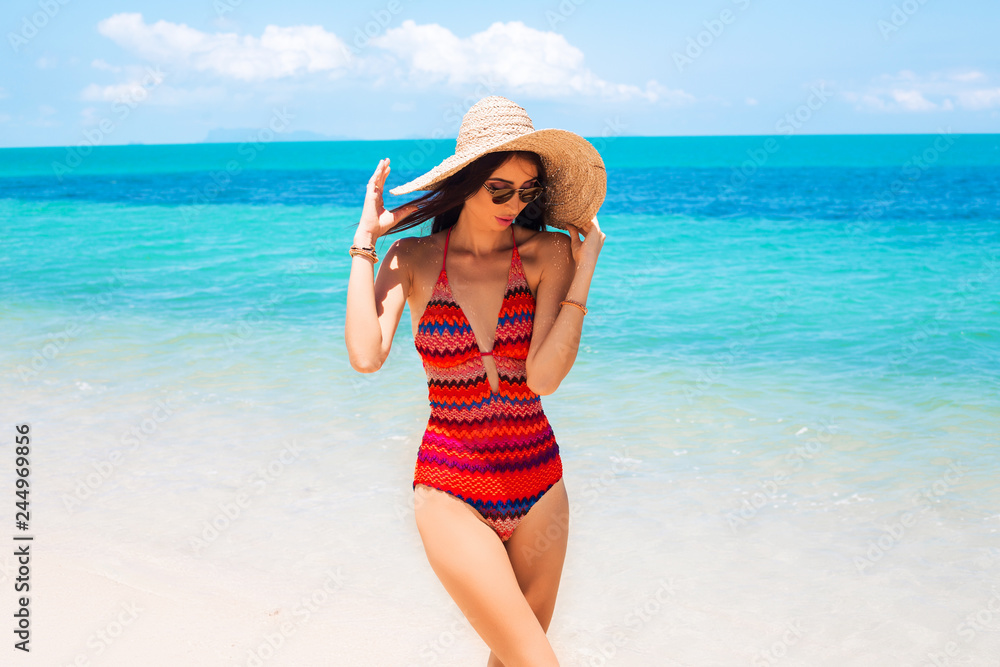 beautiful lady in a swimsuit with ethnic prints, in a straw hat against the blue sea and the beach. Summer vacation, travel, pleasure, joy beautiful lady in a swimsuit with ethnic prints, in a straw hat against the blue sea and the beach. Summer vacation, travel, pleasure, joy