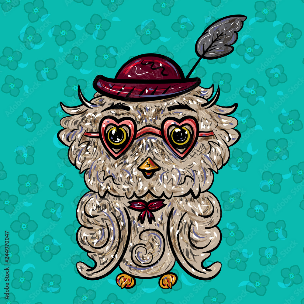 Fototapeta premium Owl in a hat with a feather and glasses with hearts. Valentine's Day. Feast of Love. Vector illustration. - Vector
