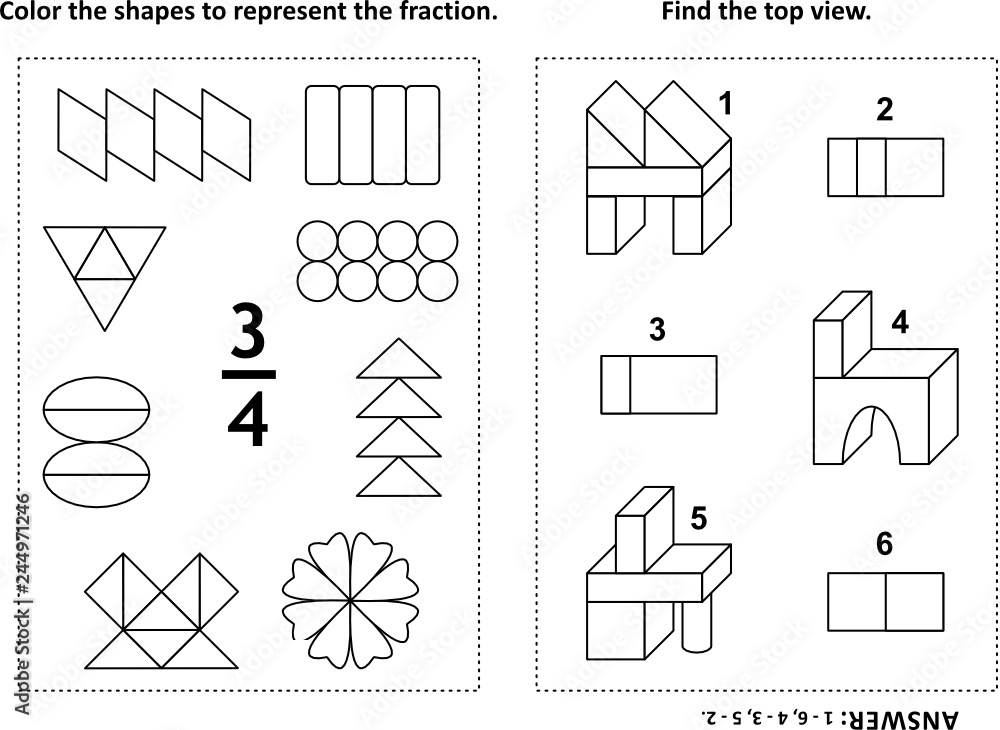 Two visual math puzzles and coloring pages. Color the shapes to