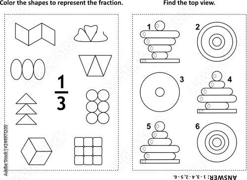 Two visual math puzzles and coloring pages. Color the shapes to represent the fraction. Find the top view. Black and white. Answers included.
