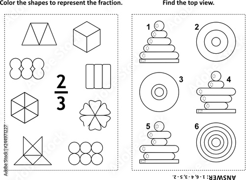 Two visual math puzzles and coloring pages. Color the shapes to represent the fraction. Find the top view. Black and white. Answers included.
