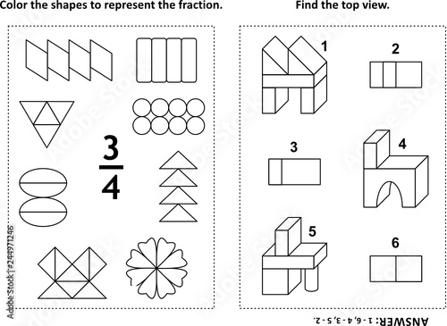 Two visual math puzzles and coloring pages. Color the shapes to represent the fraction. Find the top view. Black and white. Answers included.
