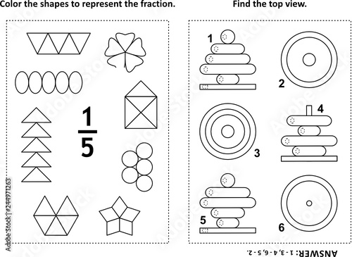 Two visual math puzzles and coloring pages. Color the shapes to represent the fraction. Find the top view. Black and white. Answers included.
