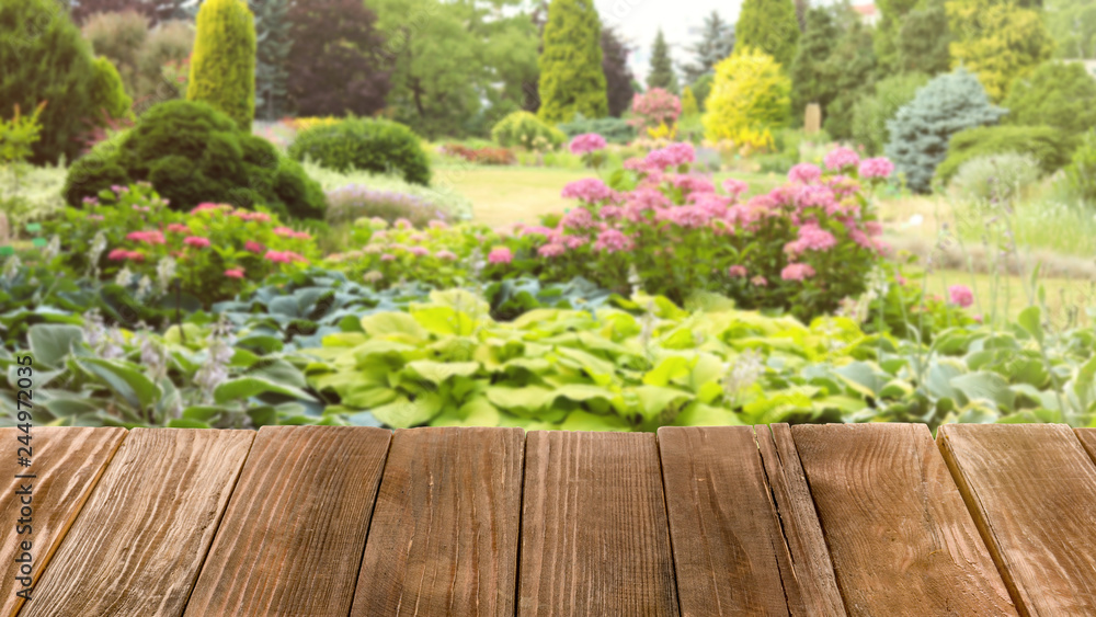Wooden table and blurred view of beautiful garden on background. Space for text Wooden table and blurred view of beautiful garden on background. Space for text