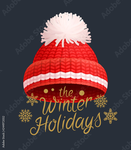 Winter Holidays knitted red hat with white pom-pom