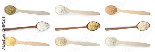 Set of different organic flour in wooden spoons on white background, top view