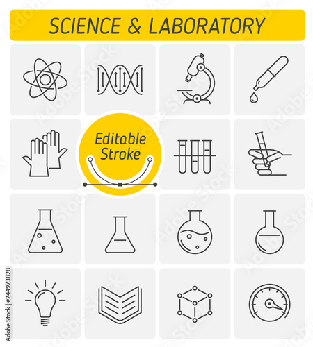 The science and laboratory outline icon set. The scientific research, science experiment, lab glassware, measuring device line symbols. The chemical lab linear vector icons with editable strokes.