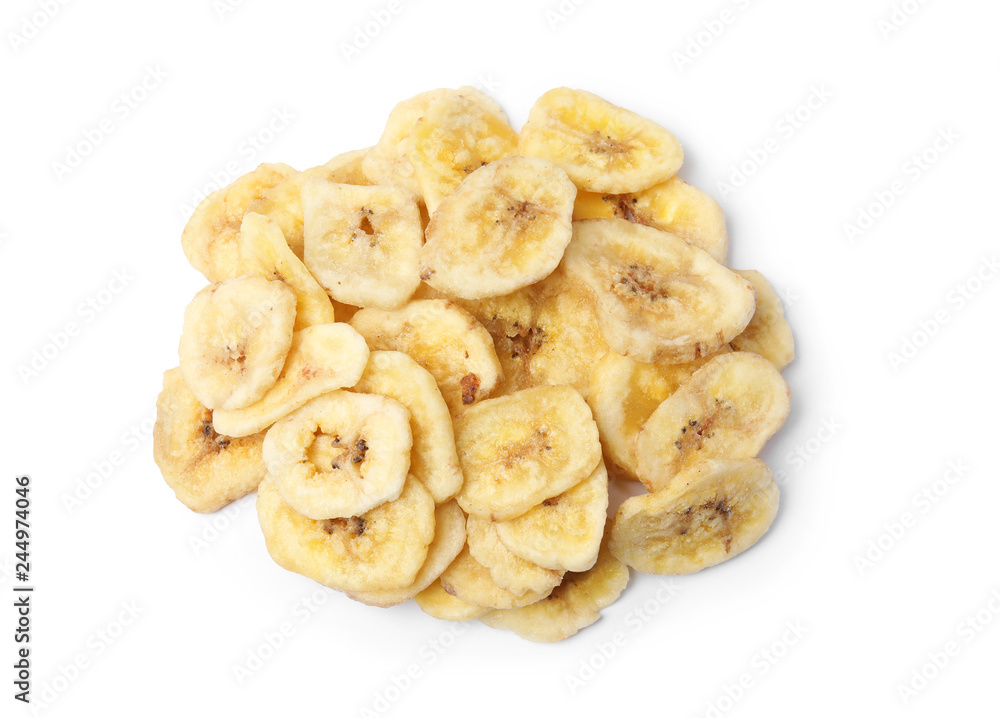 Heap of sweet banana slices on white background, top view. Dried fruit as healthy snack Heap of sweet banana slices on white background, top view. Dried fruit as healthy snack