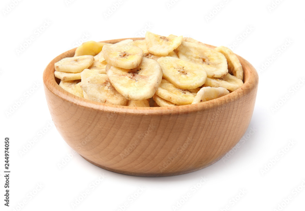 Wooden bowl with sweet banana slices on white background. Dried fruit as healthy snack