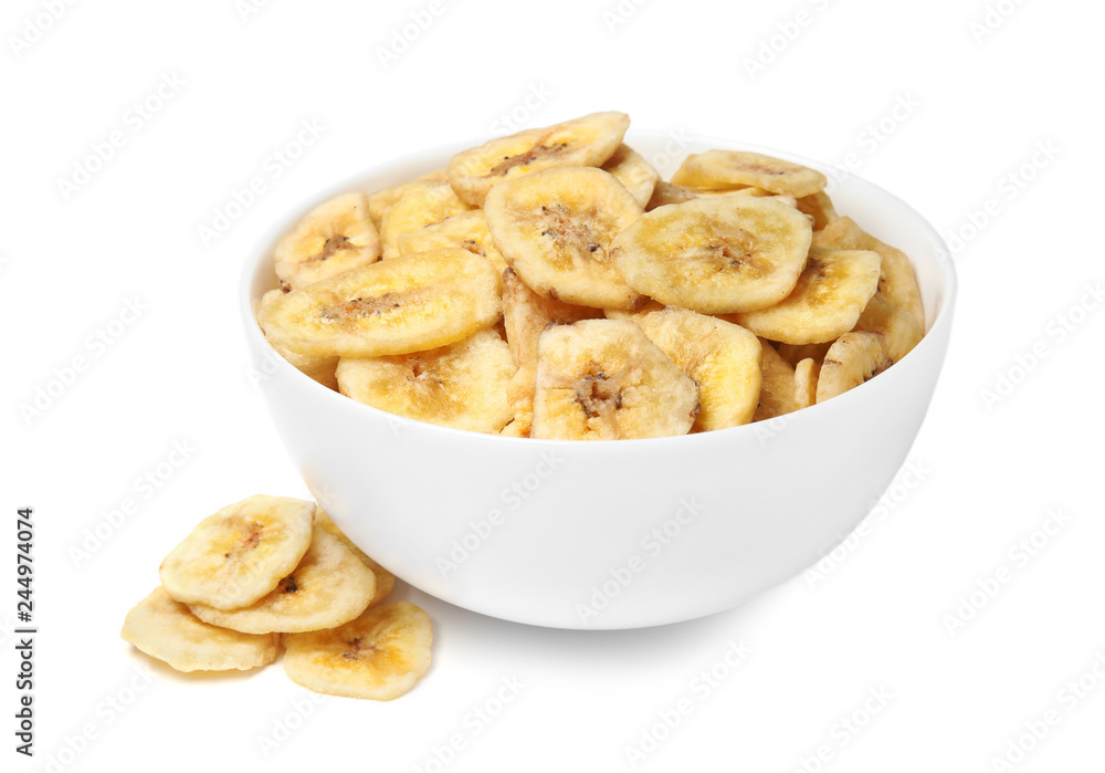 Bowl with sweet banana slices on white background. Dried fruit as healthy snack Bowl with sweet banana slices on white background. Dried fruit as healthy snack