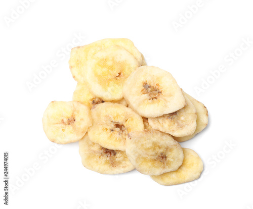 Heap of sweet banana slices on white background, top view. Dried fruit as healthy snack