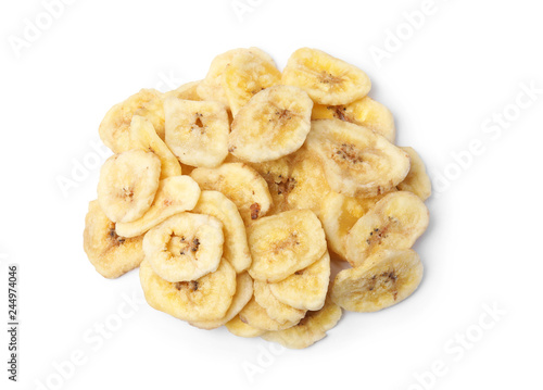 Heap of sweet banana slices on white background, top view. Dried fruit as healthy snack