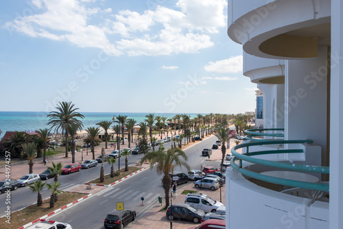 Yasmine Hammamet, TUNISIA - JULY 24 2018: A street view in Mediterranean city of Yasmine Hammamet from the balcony, Africa photo