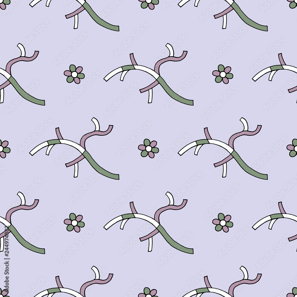 Obraz premium Abstract branches with flowers hand drawn vector seamless pattern. Spring background. Cartoon cute texture for surface design, textile, wrapping paper, wallpaper, phone case print, fabric.