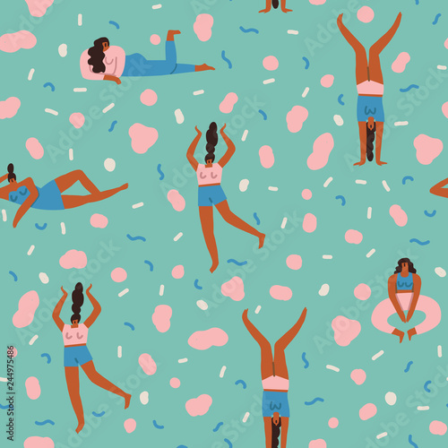 Women feminist seamless pattern. Girls playing and dancing illustration in vector.