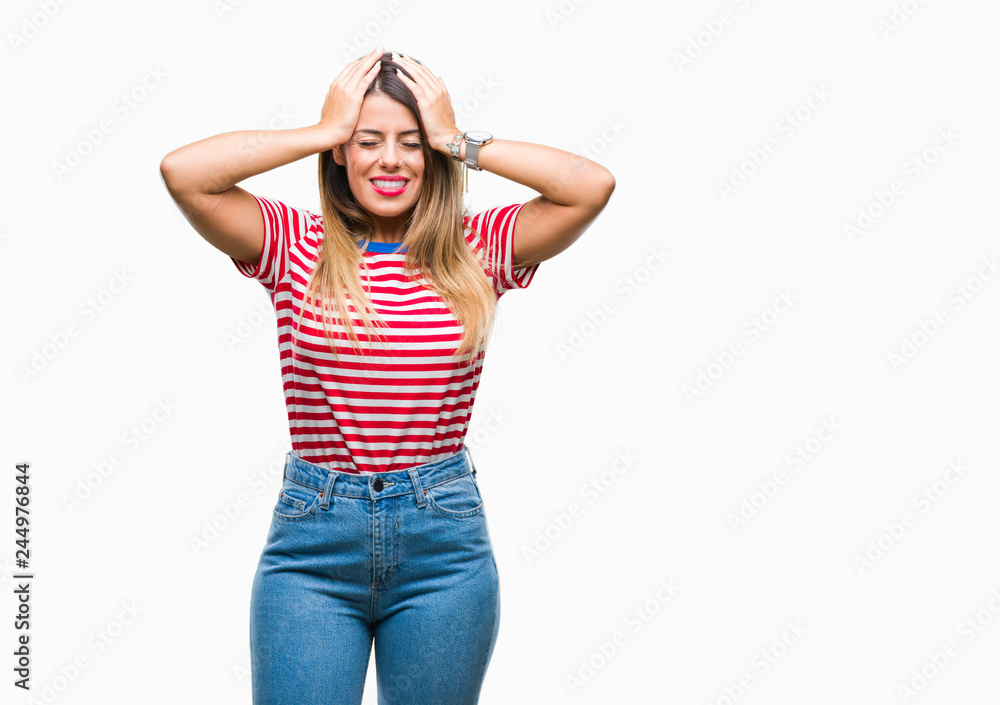 Young beautiful woman casual look over isolated background suffering from headache desperate and stressed because pain and migraine. Hands on head. Young beautiful woman casual look over isolated background suffering from headache desperate and stressed because pain and migraine. Hands on head.