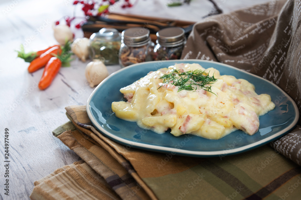 Gratin Of Potatoes, Ham, Eggs And Onions Gratin Of Potatoes, Ham, Eggs And Onions